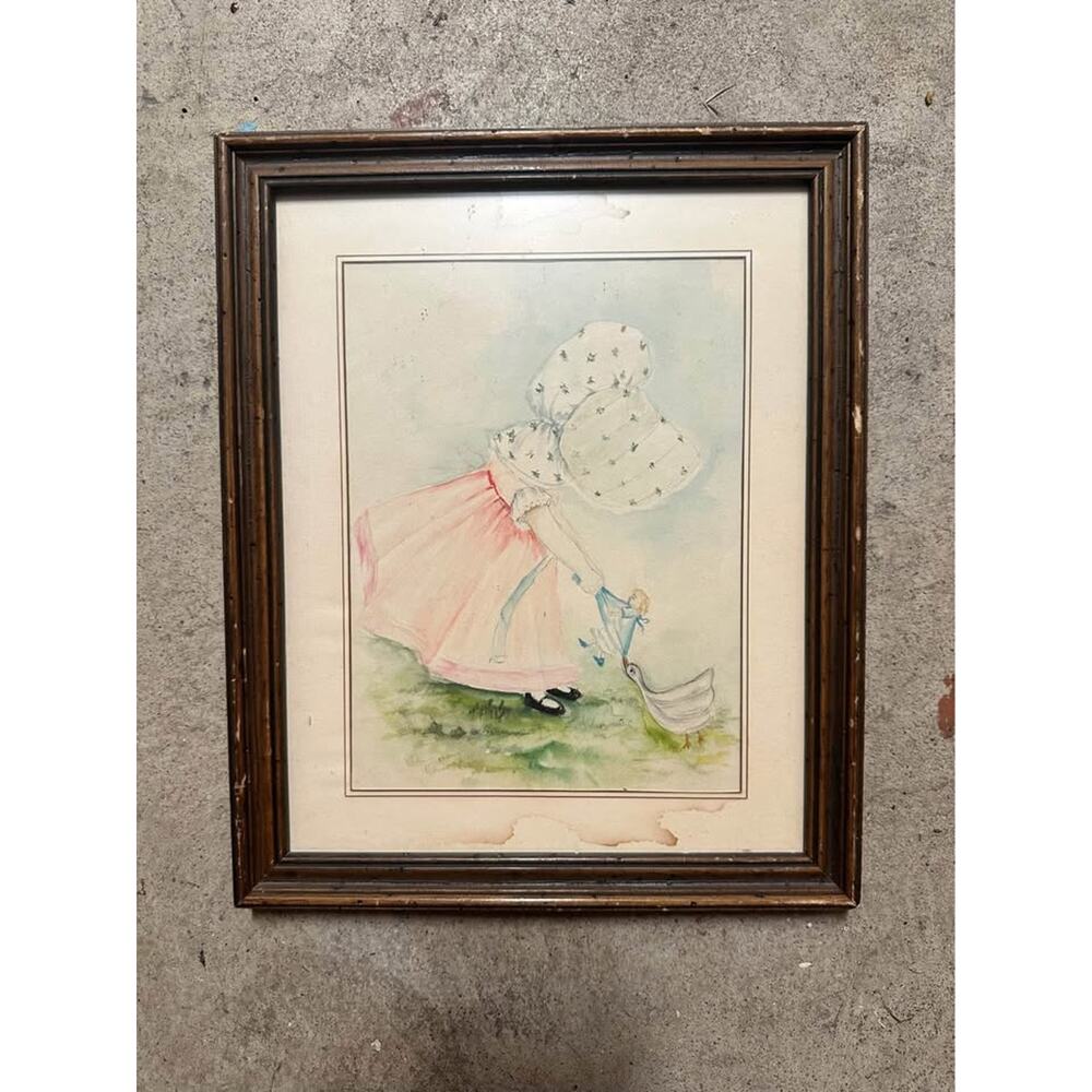 Vintage Framed Print – Girl in Bonnet with Bird – Cottage Wall Art – 11” x 9”